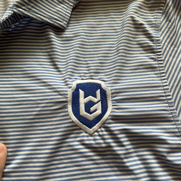 B Draddy Sport Polo Shirt Mens Medium Striped Blue Performance Golf Stretch - Picture 3 of 6